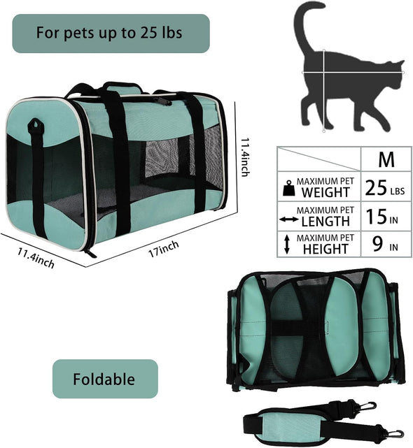 Cat Carrying Case Pet Dog Carrier Soft-Sided Cat Bag Airline Approved, Pet Travel Carrier up to 15 Lbs, Collapsible Cat Carrier Dog Carrier for Medium Cats Small Cats Dogs(17X11X11 Green)