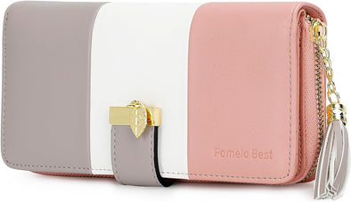 RFID Wallets for Women with Multiple Card Slots and Cellphone Compartment, Womens Wallet (Pink/White/Grey)