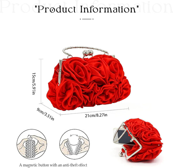 Women Evening Clutch Bag Floral Satin Small Purses with Detachable Strap for Wedding, Party, Prom