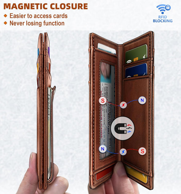 Magnetic Closure Slim Wallet-Genuine Leather Front Pocket Wallet for Men,Rfid Blocking,Holds 12 Cards and Money Clip