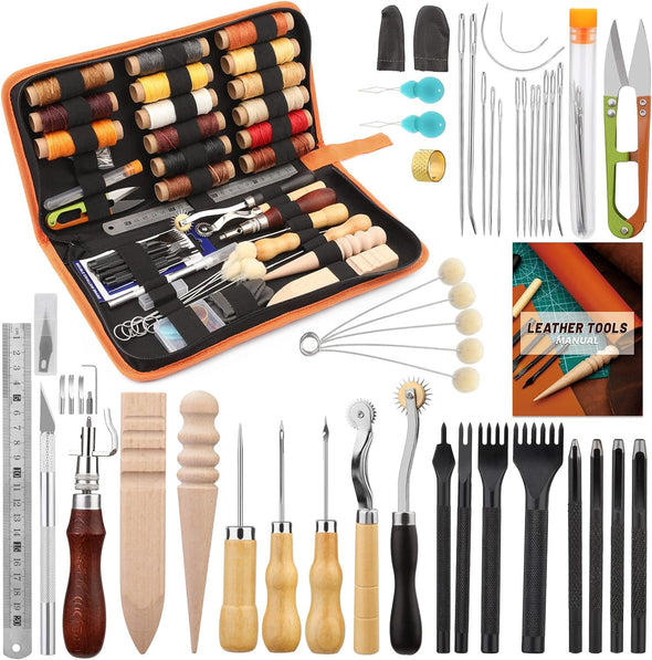 Leather Working Tools, Leather Tool Kit, Practical Leather Craft Kit with Waxed Thread Groover Awl Stitching Punch Hole for Leathercraft Beginner or Adults Gifts - Comes with Tool Manual