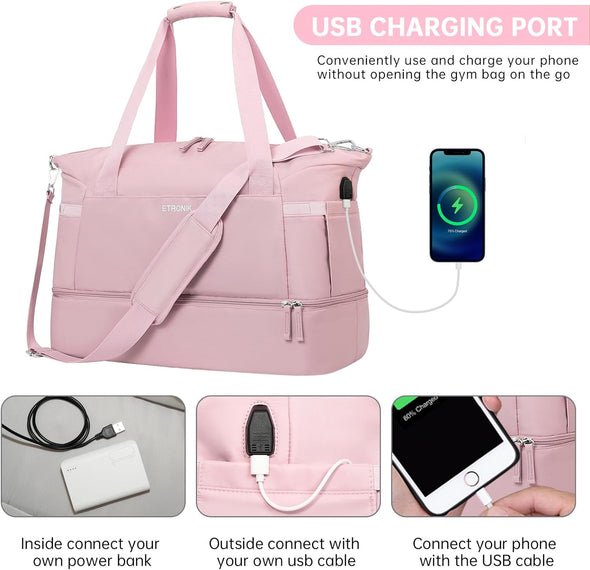 Gym Bag for Women, Personal Item Travel Bag with Shoes Compartment, Weekender Overnight Duffel Bag with Wet Pocket & USB Charging Port, Carry on Bag for Women, Travel, Gym, Weekend (Pink)