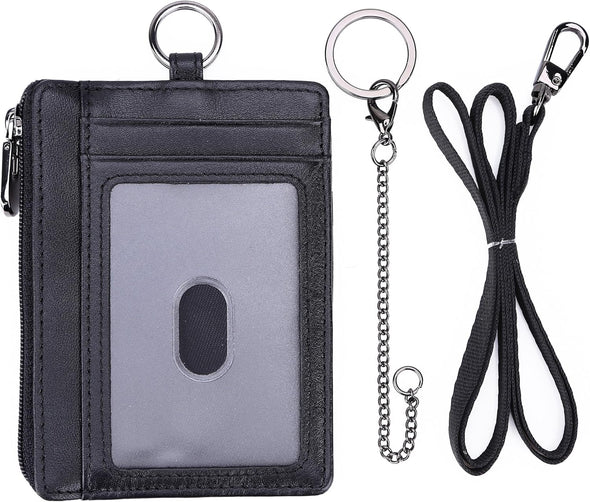 Slim Minimalist Zipper Credit Card Holder Leather Front Pocket Wallet with Keychain Ring Lanyard Strap