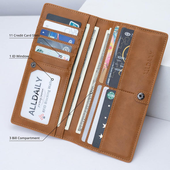 Ultra Slim Thin Women Wallet RFID Blocking Credit Card Holder Bifold Long Ladies Billfold (Brown)