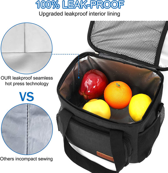 Reusable Lunch Box for Men/Women - Insulated Lunch Bag Leakproof Lunchbox for Work Office Picnic Beach - Freezable Lunch Cooler Bag with Adjustable Shoulder Strap - Black