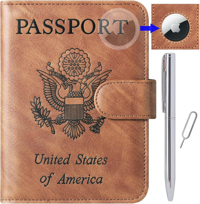 Airtag Passport Holder Cover Wallet Travel Essentials Leather Travel Wallet Rfid Blocking Case Vacation Travel Must Haves Travel Accessories for Men Women (117#Brown)