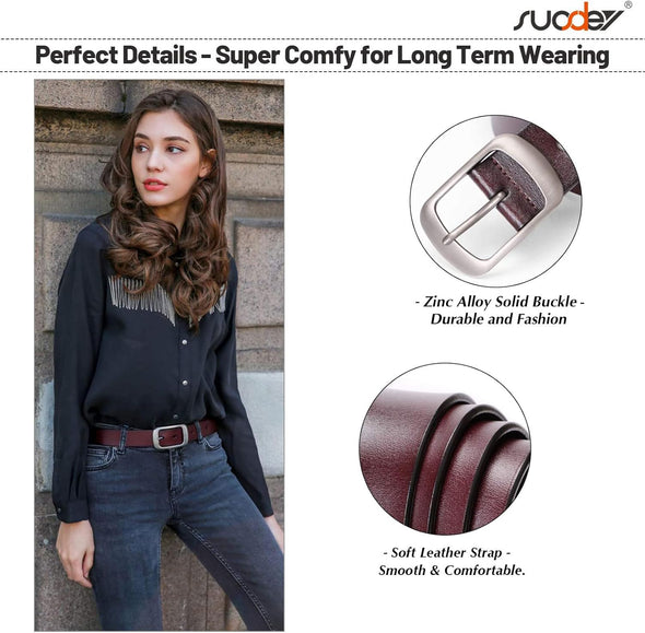 Fashion Womens Leather Belt, Soft Leather Waist Belt with Pin Buckle for Jeans Pants,Width 1.3"