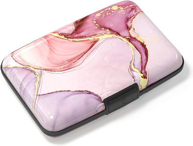 Credit Card Holder, Mini Aluminum Card Wallet RFID Blocking Slim Metal Hard Card Case for Women Men, Pink Marble