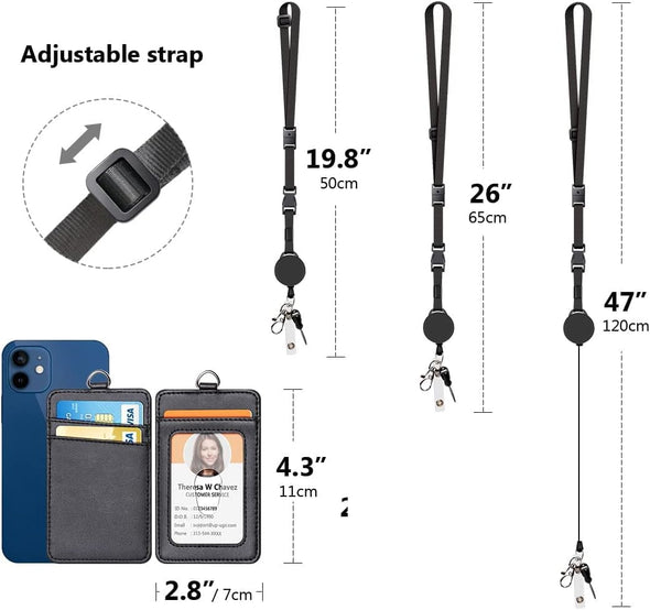 Leather Badge Holder and Adjustable Retractable Lanyards, Quick Release Buckle and Safety Breakaway Lanyards with Swivel Metal Clasp for Offices, Staff, Students, Employees