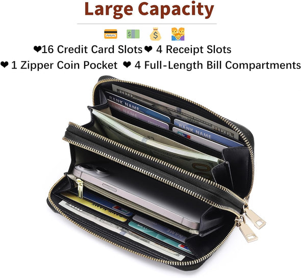 Women'S Wallet Large Capacity Double Zip Ladies Card Phone Holder RFID Blocking Wristlet Leather