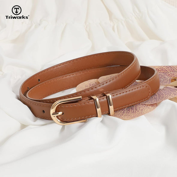 2 Pack Women Skinny Leather Belts for Jeans Pants Thin Faux Leather Belt with Gold Buckle