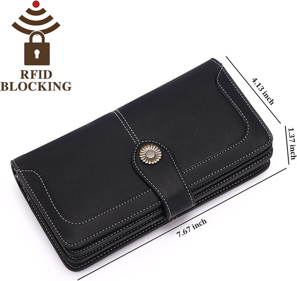 Women'S Wallet Genuine Leather RFID Blocking Large Capacity Trifold Ladies Wallet