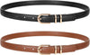 2 Pack Women Skinny Leather Belts for Jeans Pants Thin Faux Leather Belt with Gold Buckle