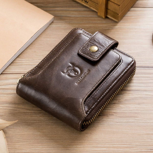 Genuine Leather Wallet for Men Large Capacity ID Window Card Case with Zip Coin Pocket QB-231 (Coffee)