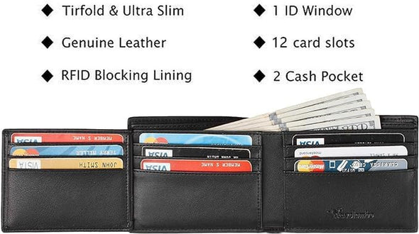 Wallet for Men, Trifold RFID Blocking Mens Wallet, 12 Credit Card Holder Minimalist Front Pocket, Leather Slim Wallet with ID Window