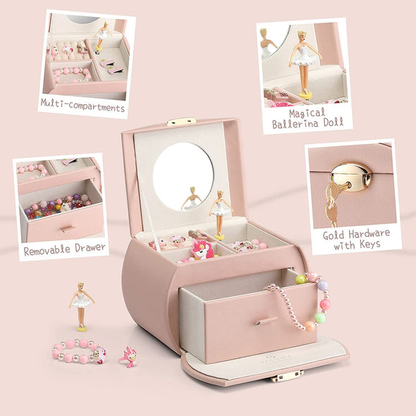 Kids Musical Jewelry Box for Girls with Drawer, Music Box with Ballerina and Stickers for Birthday Bedroom Decor, Gifts for Girls Kids - Pink