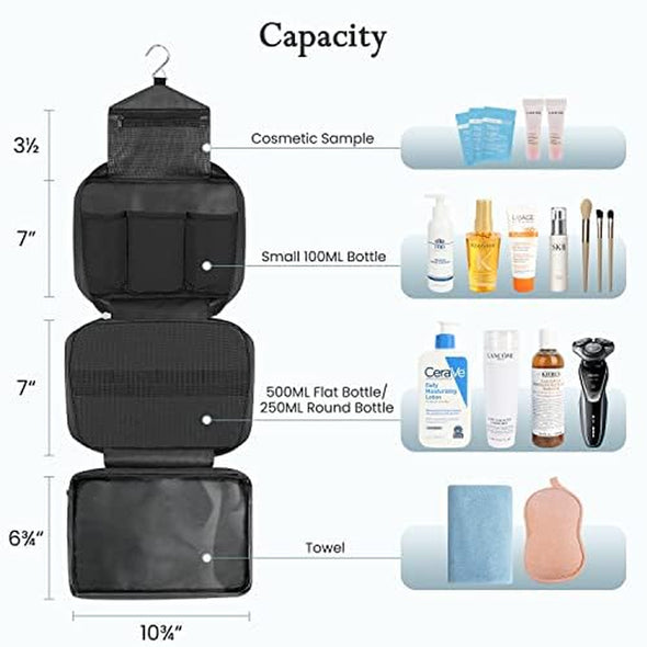 Toiletry Bag for Men & Women | Large for Traveling | Hanging Compact Hygiene Bag with 4 Compartments | Waterproof Bathroom Shower Bag (Black)