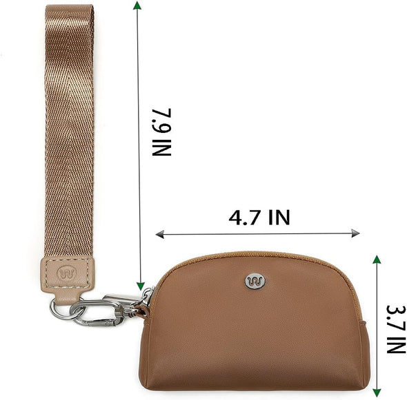 Mini Zip around Wristlet Wallet for Women Detachable Dual Pouch Wristlet Portable Coin Pocket Keychain Small Purse (Khaki+Brown)