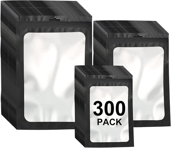 300 Pack 3 Sizes Resealable Mylar Bags Food Storage Smell Proof Bags with Front Window Packaging Pouch for Sample Snack Cookies Jewelry (Black, 3 X 4.7 Inch,4 X 6 Inch,4.7 X 7.9 Inch)