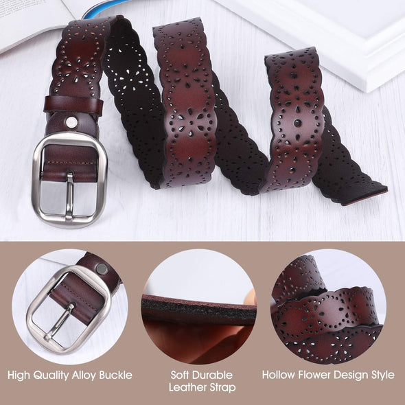 Women’S Hollow Flower Leather Belt for Jeans Pants Wide Belt for Ladies