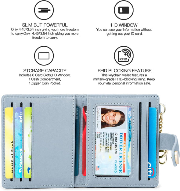 Slim Wallet for Women,Rfid Blocking Bifold Credit Card Holder with Zipper Coin Pocket,Id Window,Keychain