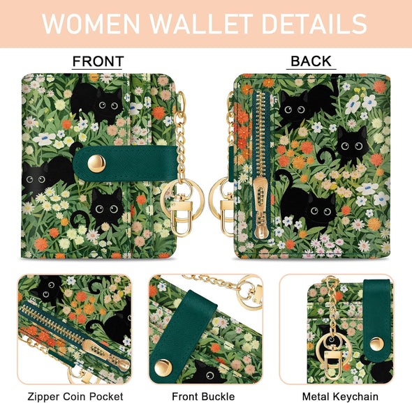 Black Cat Floral Rfid Women Wallet, Small Slim Thin Credit Card Wallet, PU Leather Bifold Cash Wallet, Zipper Coin Pocket & ID Window, Female Ladies Teen Girls Girly Wallet