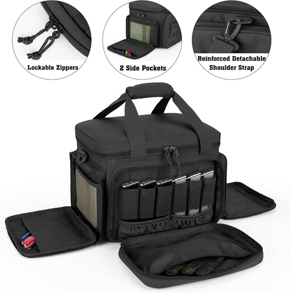 Tactical Gun Range Bag for 4 Handguns, Pistol Shooting Range Bag with 6X Magazine Slots and Extra Pockets for Ammo and Essentials