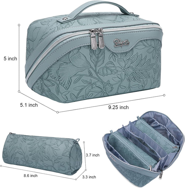 Travel Makeup Bags Cosmetic Organizer Bag: 3-Set Large Capacity Make up Bag - PU Leather Toiletry Bag for Women - Wide Open Portable Pouch with Divider & Handle 01-Light Blue