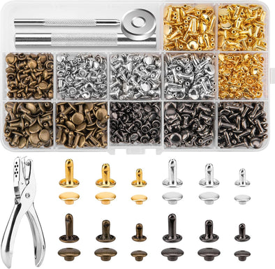 480 Sets Rivets for Leather, Leather Rivet Kit, 4 Colors 3 Sizes Leather Rivets and Snaps for Leather Crafts, Clothes, Shoes, Leather Boots, Bags, Decoration (Gold, Silver, Bronze and Gunmetal)