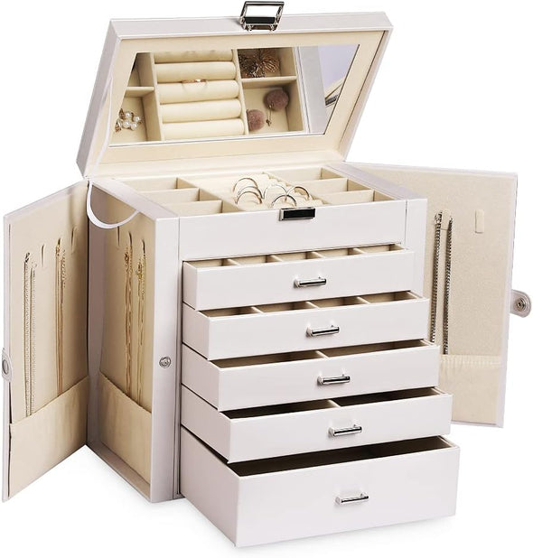 Large Jewelry Box,6-Tier PU Leather Jewelry Organizer,Multi-Functional Storage Case with Mirror,Accessories Holder with 5 Drawers for Necklace Bracelets Watches(Pearl White)