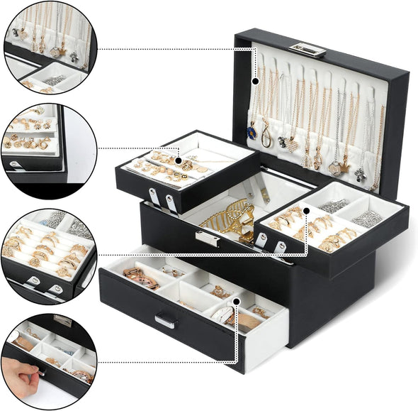 Jewelry Boxes for Women Girls, Jewelry Organizer Box, 3 Layers Jewelry Storage Organizer for Earring, Ring, Necklace, Bracelets (Black)