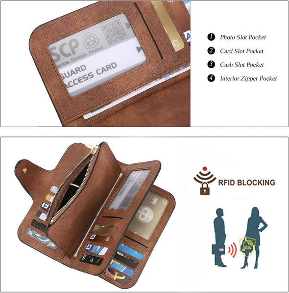 Women Wallet Leather RFID Trifold Large