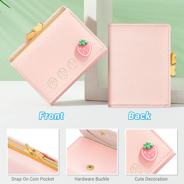 Wallet Card Holder, Small Bifold RFID Blocking Purse, Cute Small Leather Pocket Wallet for Women, Girls, Ladies (Baby Pink)