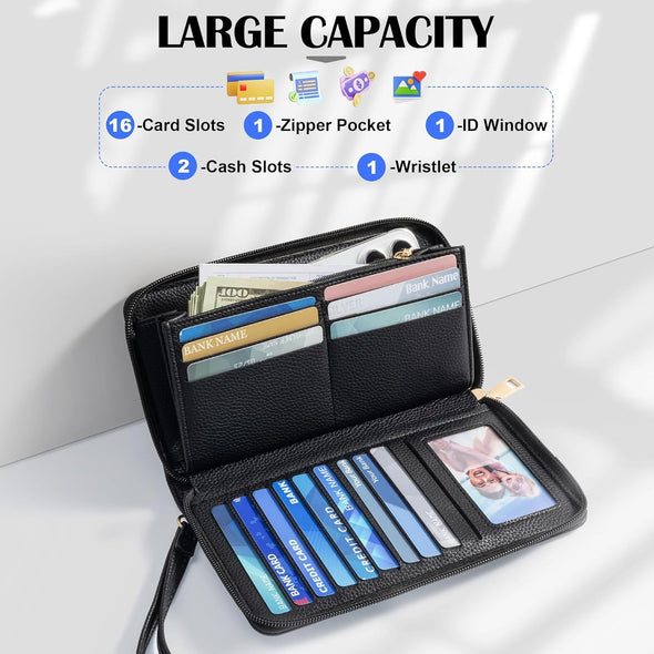 Women'S Wallet RFID Blocking Long Clutch Zip around Travel Leather Purse Large Capacity Credit Card Holder with Grip Hand Strap