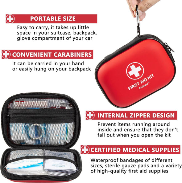 Mini First Aid Kit - 120 Piece Small Waterproof Hard Shell Medical Kit for Car, Home, Office, Travel, Camping, Sports, Outdoor, School - Emergency First Aid Supplies and Survival Kit (Red)