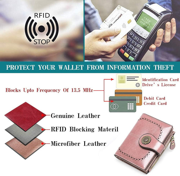 Small Womens Wallet Leather Bifold Card Holder RFID Blocking with Zipper Coin Pocket