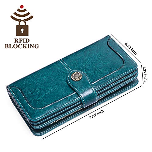 Women's Wallets, Large Capacity with RFID Protection, Genuine Leather, Peacock Blue