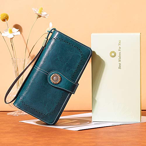 Utenwat Womens Wallets Large Capacity RFID Blocking Genuine Leather Wallet  for Women Zip Clutch Card Holder with Wristlet